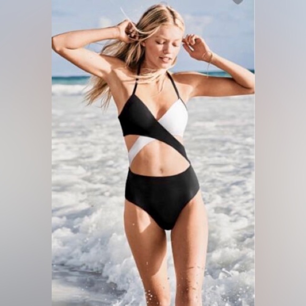 PINK Victorias Secret Swimsuit Black White Crossover One Piece Monokini Halter L